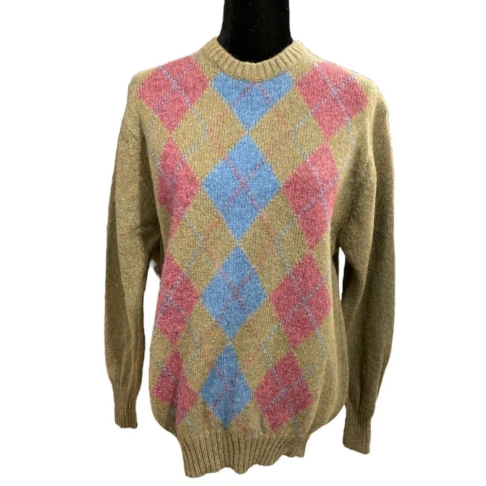 Vintage 100% wool argyle knit pull over crew neck sweater XL Made in Scotland